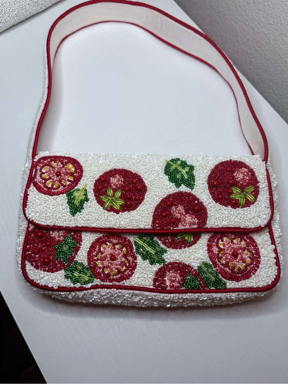 Beaded White Clutch with Red & Green Floral Accents - Picture 3 of 5